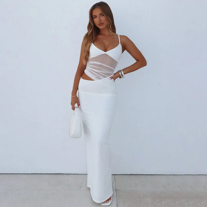 Mesh Thin Shoulder Strap Women's Plus Size Dress Sexy High Street Low Collar Patch Long Robe Women's Party Vest