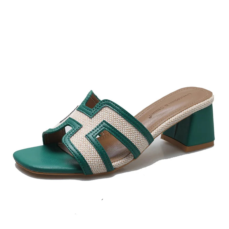 2025 Summer new arrival,fashion style grids high heel slippers for woman,thick heel outwear beach sandals for women green