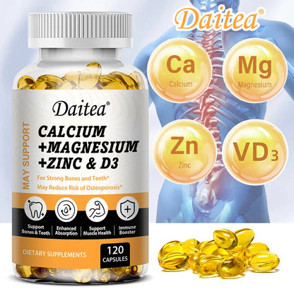Daitea Calcium Magnesium Zinc Capsules Vitamin D3 helps support bones, teeth, heart, and enhance immune system function.