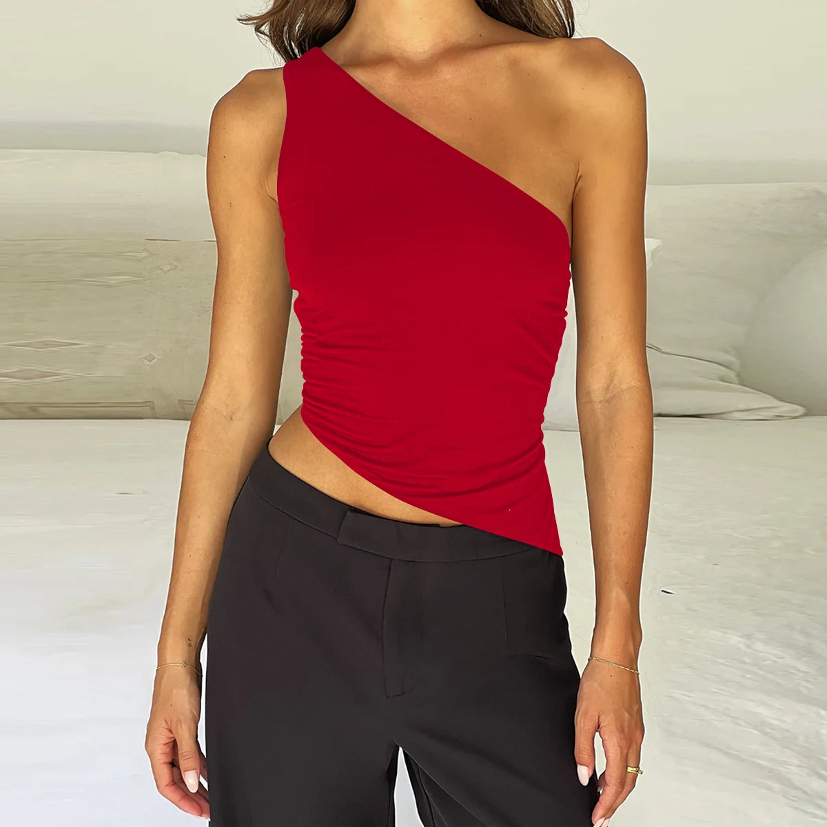 Sexy One Shoulder Off the Shoulder the Back Small Top 2024 Summer Solid Color Irregular Lace up Short Top 22939- red
