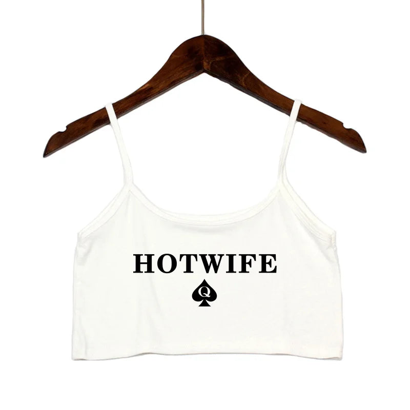 HOT WIFE Letters Print Female Sexy Crop Top Fashion Women's Sexy Elastic Cotton Camis Sleeveless Short Girls Tank Top Bar Women