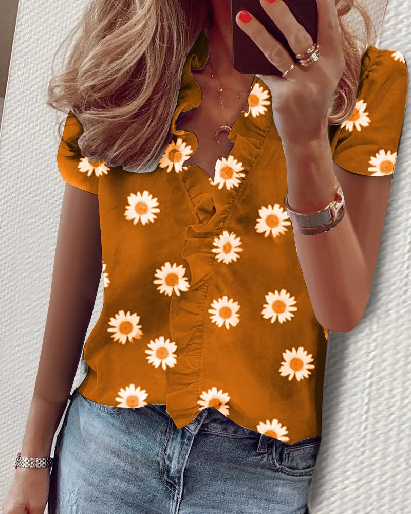 Casual Short Sleeve V-Neck Ruffles Blouses Elegant Office Ladies Shirt Summer Vintage Harajuku Slim Tops Female Boho Tunic Shirt BBL2016 Yellow JU