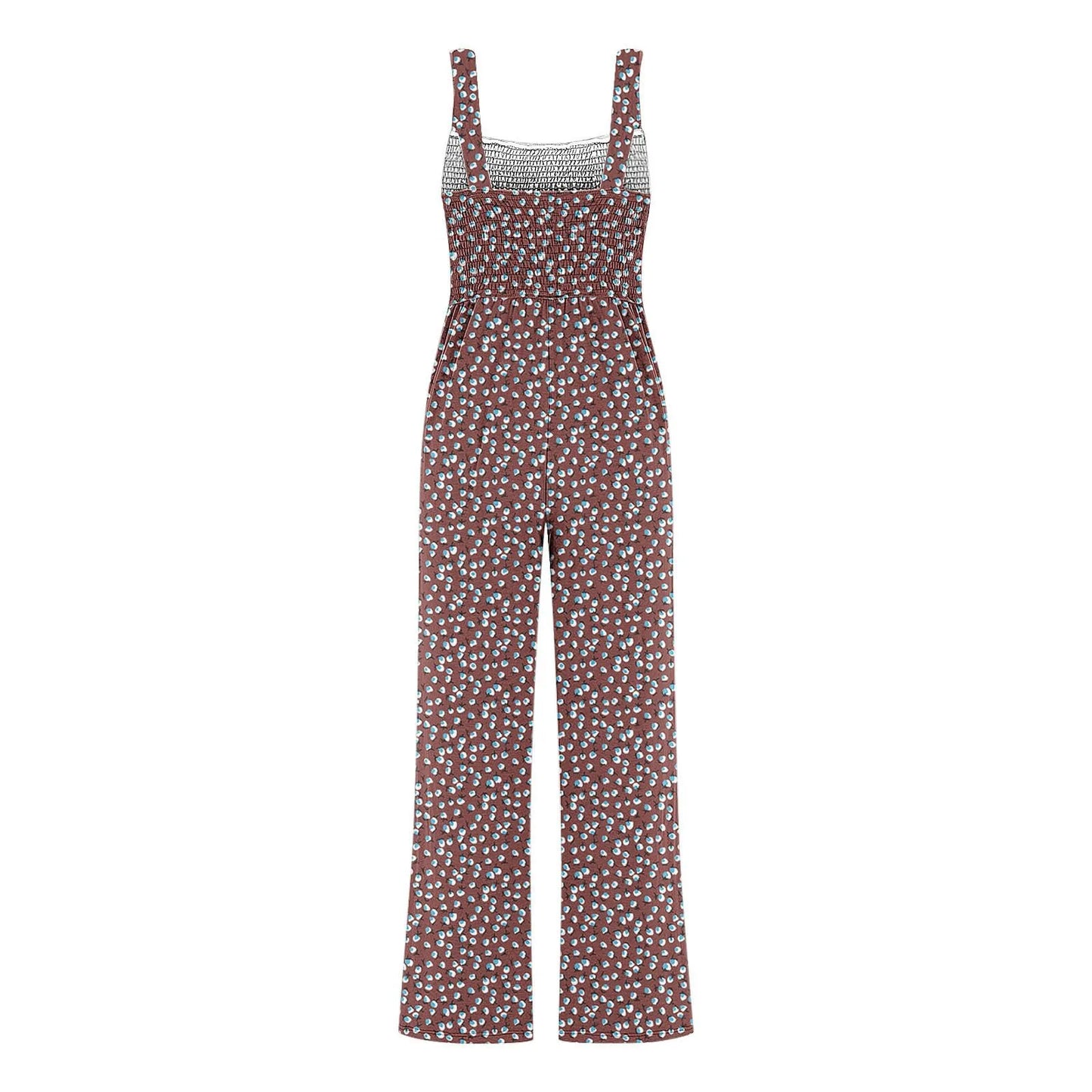 Women'S Suspender Jumpsuits Fashion Trend Pleated Shoulder Straps Printed Pocket Loose Wide Leg Jumpsuits Daily Casual All-Match