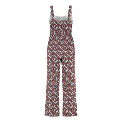 Women'S Suspender Jumpsuits Fashion Trend Pleated Shoulder Straps Printed Pocket Loose Wide Leg Jumpsuits Daily Casual All-Match