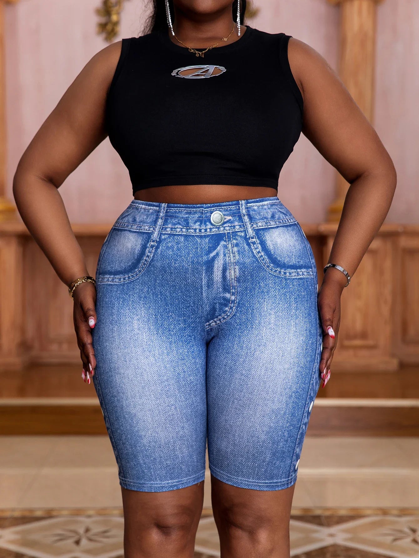 Plus Size Women's Denim Print Quarter Leggings Stylish Casual Knit Stretchy Skinny Shorts with Side Button Detail Pattern Pants