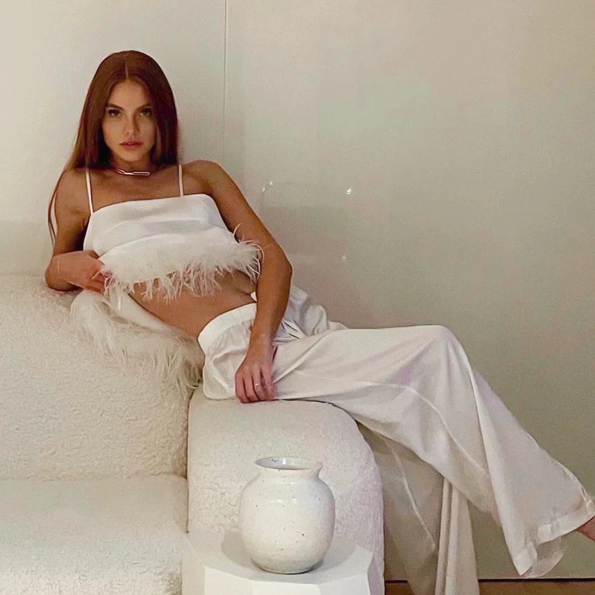 Satin Pajamas With Feathers Sleepwear Women Sets With Pants Black Spaghetti Strap Home Suit White Trouser Suits 2022