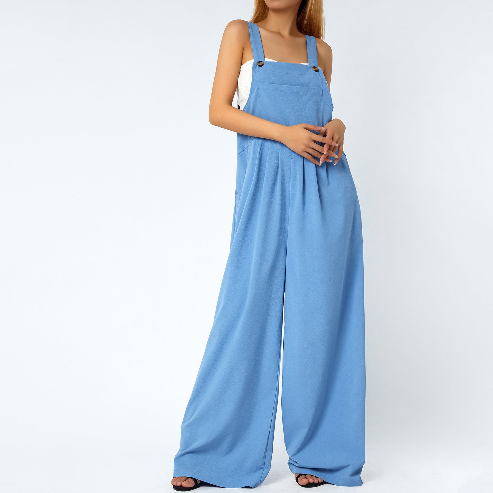 Overalls Women Summer Jumpsuit Outfits Plus Size Solid Color Casual Button Wide Leg Suspender Pants Overalls with Pockets