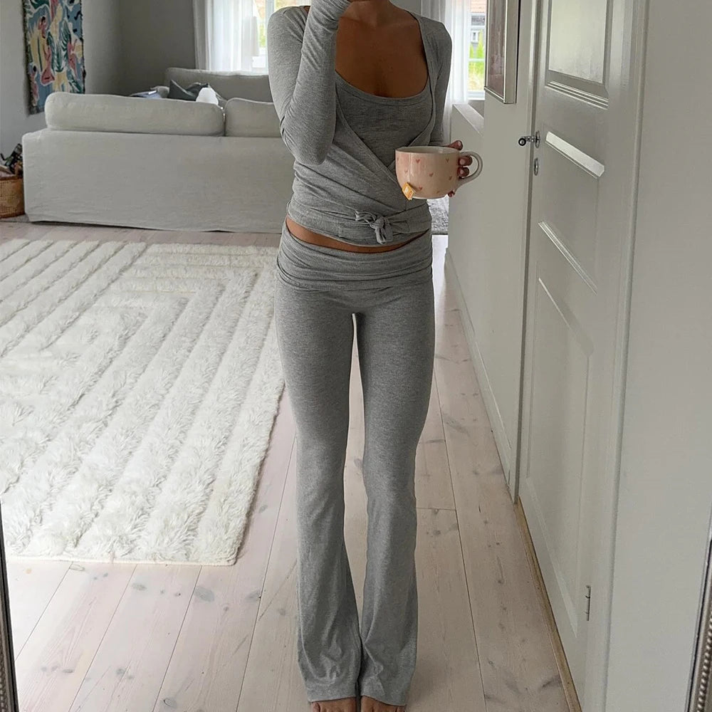 Women Summer y2k Yoga 2 Piece Outfits Casual Solid Tie up Hem Wrap Long Sleeves V-neck Crop Tops Elastic Flare Pants Tracksuits