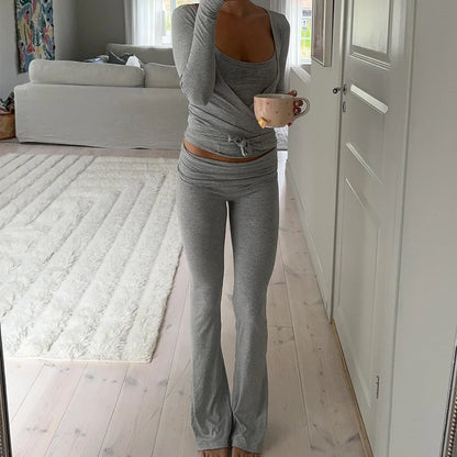 Women Summer y2k Yoga 2 Piece Outfits Casual Solid Tie up Hem Wrap Long Sleeves V-neck Crop Tops Elastic Flare Pants Tracksuits