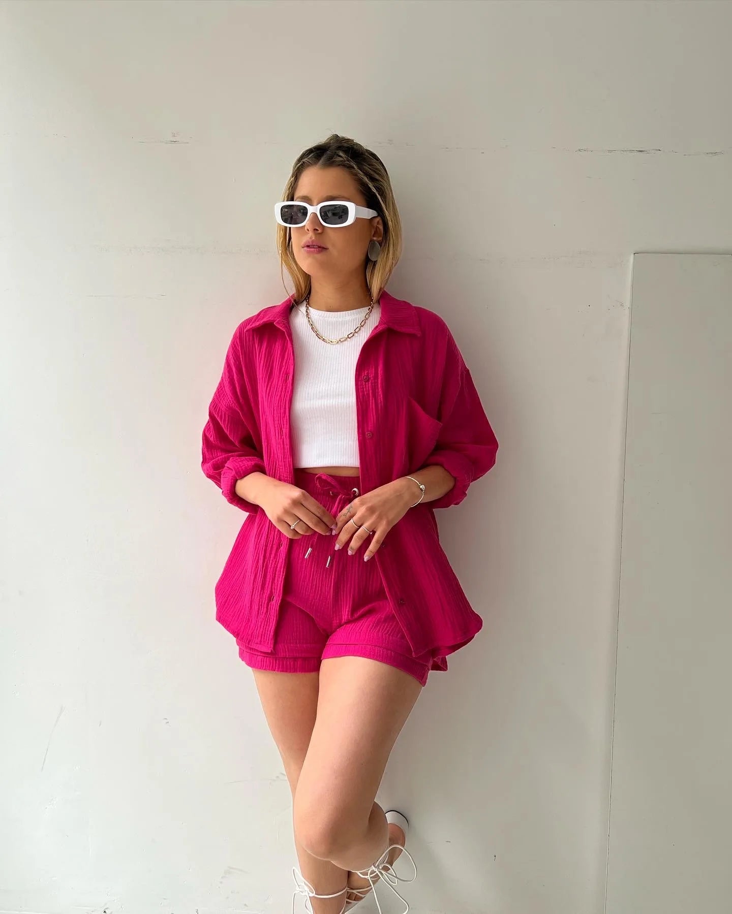 Short Sets Women Tracksuit Single Breasted Cardigan Blouses Two Pieces Shorts Loose Button High Street Solid Pockets Folds