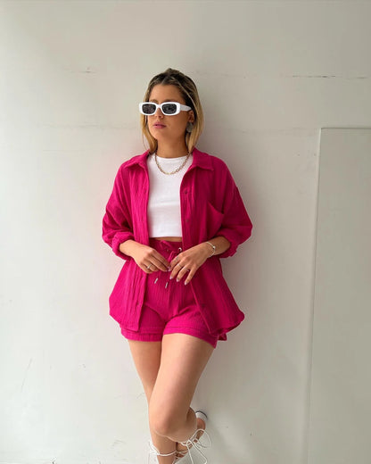 Short Sets Women Tracksuit Single Breasted Cardigan Blouses Two Pieces Shorts Loose Button High Street Solid Pockets Folds
