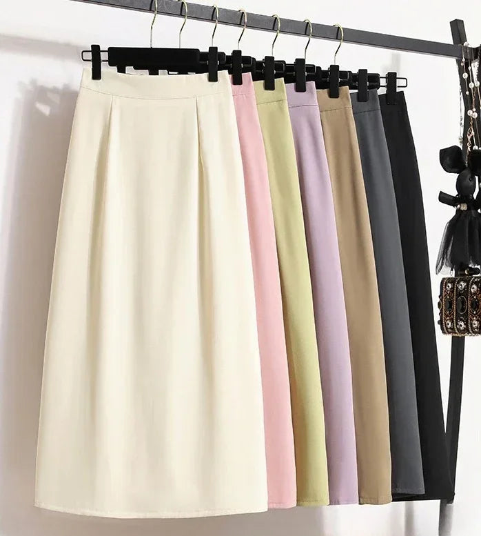 2025 Summer Female Fashionable Versatile Solid Skirts High Waisted Mid Length A-line Plus Size Skirt Split Wrap Body Skirt