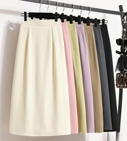 2025 Summer Female Fashionable Versatile Solid Skirts High Waisted Mid Length A-line Plus Size Skirt Split Wrap Body Skirt