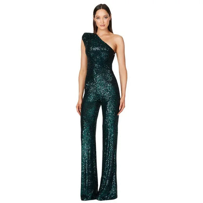 Women Elegant Long Jumpsuits Sexy Glitter Sequin Club Ladies Playsuits Slanted Collar Party Fashion Backless Solid Romper 2024 Badiee Stylez