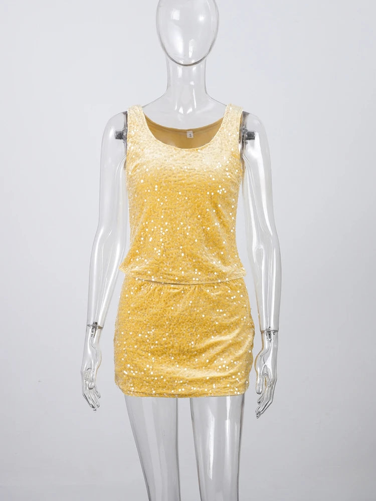 O-neck Vest Mini Skirt Suits Women Sexy sparkly Sequined Sleeveless Tank Tops With Bodycon Short Skirts Fashion Ladies Beachwear