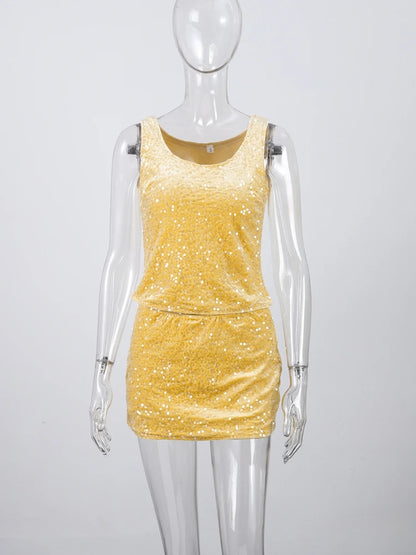 O-neck Vest Mini Skirt Suits Women Sexy sparkly Sequined Sleeveless Tank Tops With Bodycon Short Skirts Fashion Ladies Beachwear