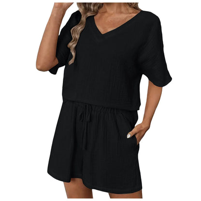 Women's Vacation Fashion Casual Suit Solid Color Summer Shorts And Shirt Top Two Piece Sets Lapel Shirt Sexy Slim Swimming Tech