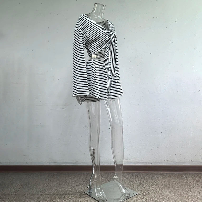 Hiloc Casual Knit Stripe Shorts Pajamas Sets Long Sleeve Home Wear Lace Up Top And Elastic Waist Shorts Sleepwear Knitted Outfit