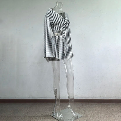 Hiloc Casual Knit Stripe Shorts Pajamas Sets Long Sleeve Home Wear Lace Up Top And Elastic Waist Shorts Sleepwear Knitted Outfit