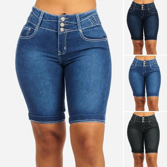 Trendy Denim Shorts Wear-resistant Bodycon Slim Jeans Shorts Mid Rise Soft Women Shorts for School