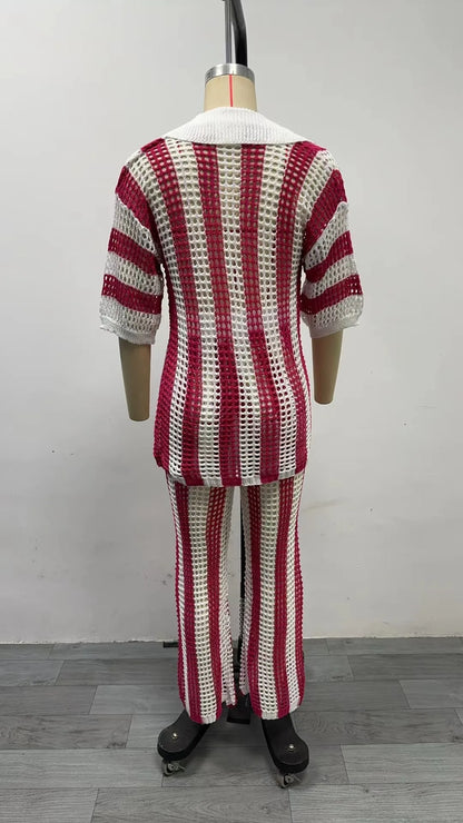 Women With Summer V-neck Button Top & Wide Leg Pants Suits Spring Crochet Hollow Knitted Set Woman 2 Pieces Striped Print