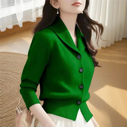 2025 New Spring Autumn Turndown Collar High End Women Knitt Cardigan Sweater Fashion Korean Version Female Knitwear Tops Jacket green