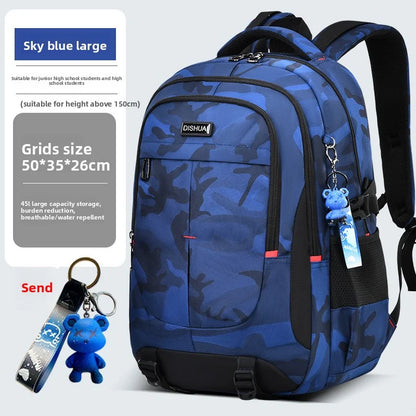 2025 new camouflage backpack for boys High capacity school bag for junior high school students Outdoor travel backpack for men L blue