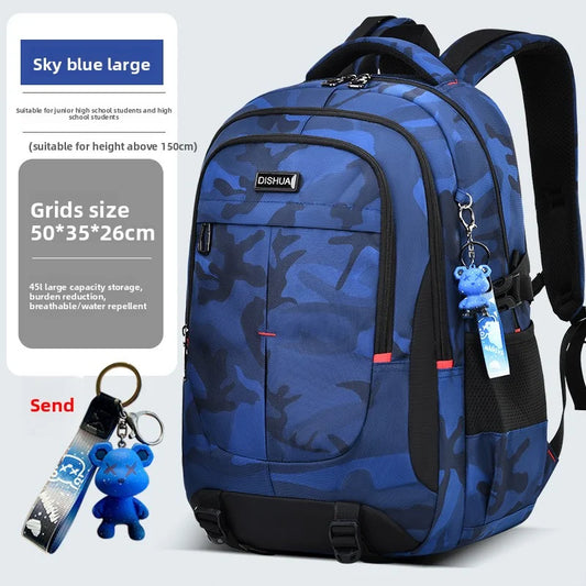 2025 new camouflage backpack for boys High capacity school bag for junior high school students Outdoor travel backpack for men L blue