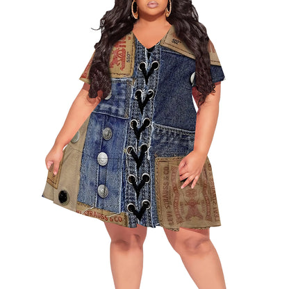 Denim Patchwork Lace-up V-neck Short Sleeve Dress - Women's Vintage Rugged Casual Party Festival Summer White-1 CHINA