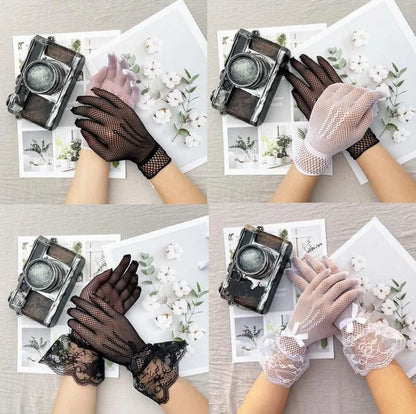 Girls Lolita Lace Hollow Out Gloves Women Ceremony Etiquette Mesh Thin Mittens Gothic Punk Sexy Glove Black White Soft Elastic