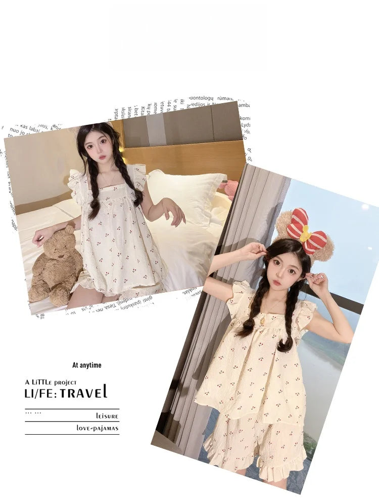 Summer Spwear Women's 2025 New Japanese Sle Fre Vest orts Woven Cotton Thin Home Clothes Set Sweet Print ort Pants