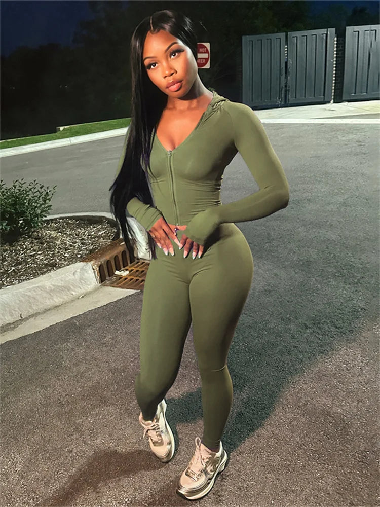 Nibber Sporty Casual 2 Piece Set Women Tracksuit Hooded Zip Crop Tops+Leggings Fitness Soft Stretch Streetwear Activity Suit green