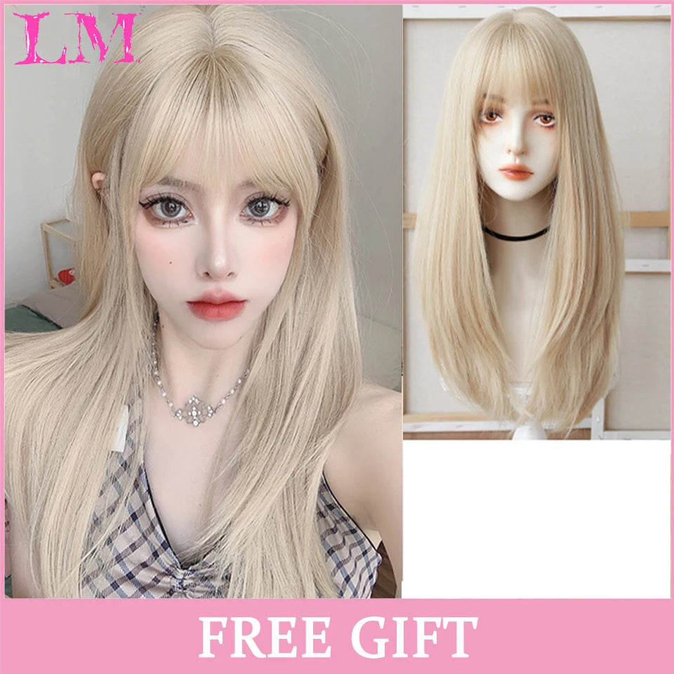 LM Long Silky Straight Synthetic Wigs with Bangs Black Cosplay Party Lolita Hair Wigs for Women Natural Heat Resistant Wig #10