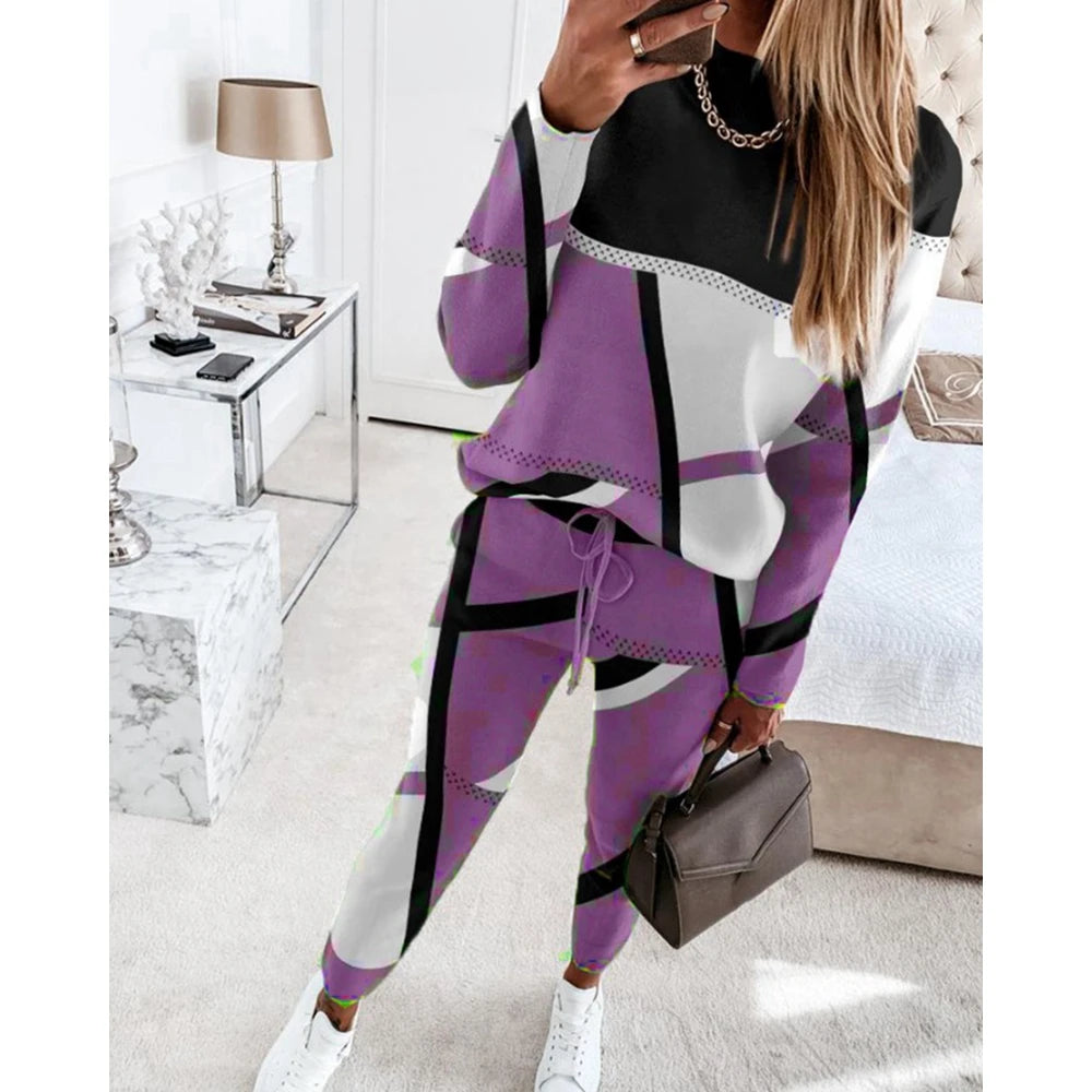 Women Casual Two Piece Sets Fashion Geometric Print O-Neck Long Sleeve Tops and Drawstring Pencil Pants Sets Office Lady Outfits Badiee Stylez