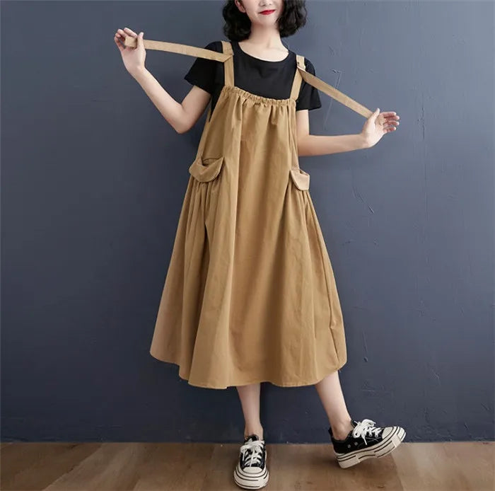 Female Dress Summer Mid-Length Loose Solid Color Pocket Swing Chic Casual Straps Dresses New Women Dress Vestidos Selling