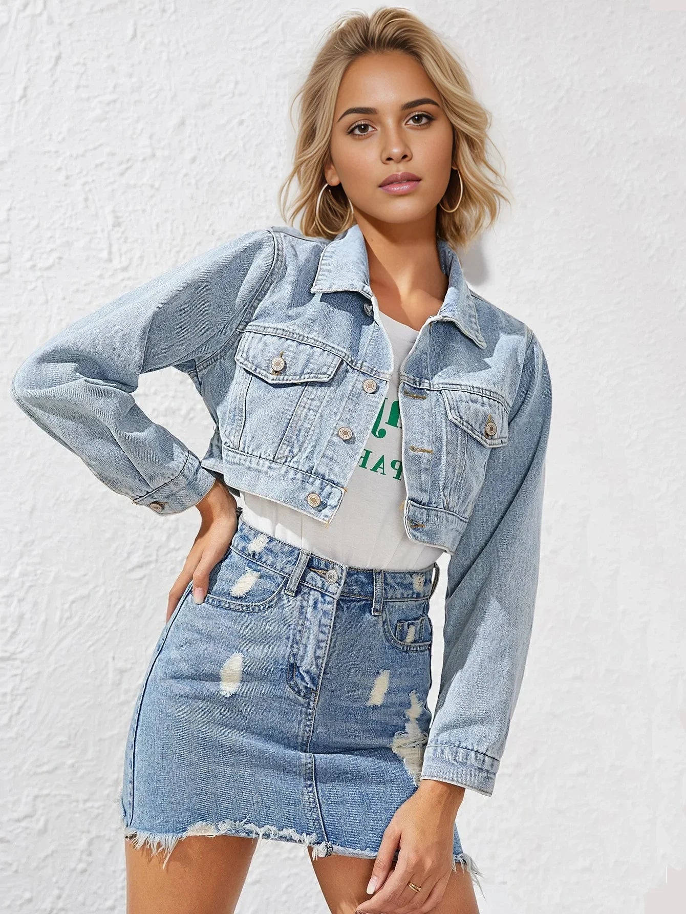 Women's Spring Denim Top with Stylish Lapel and Long Sleeves in Solid Color Individuality High-waisted, Cropped Denim Jacket