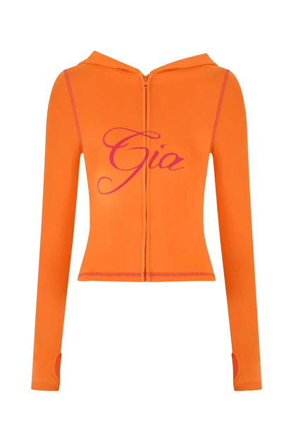 slim fit shoulder floral print bright line design slim fit hooded zipper short jacket pants for women orange top