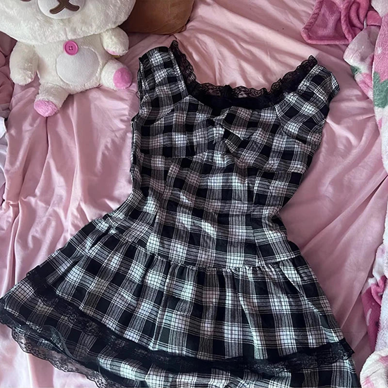 Gothic Harajuku grid pattern dress fashion silmY2K tops emo girl grunge punk street retro American style sexy lace women's dress