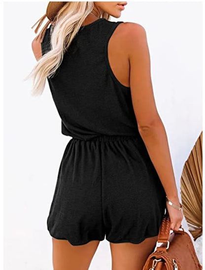 European and American Women's Summer Cross-Border New Sleeveless Jumpsuit With Waist Tied Casual Loose Wide leg Shorts Badiee Stylez