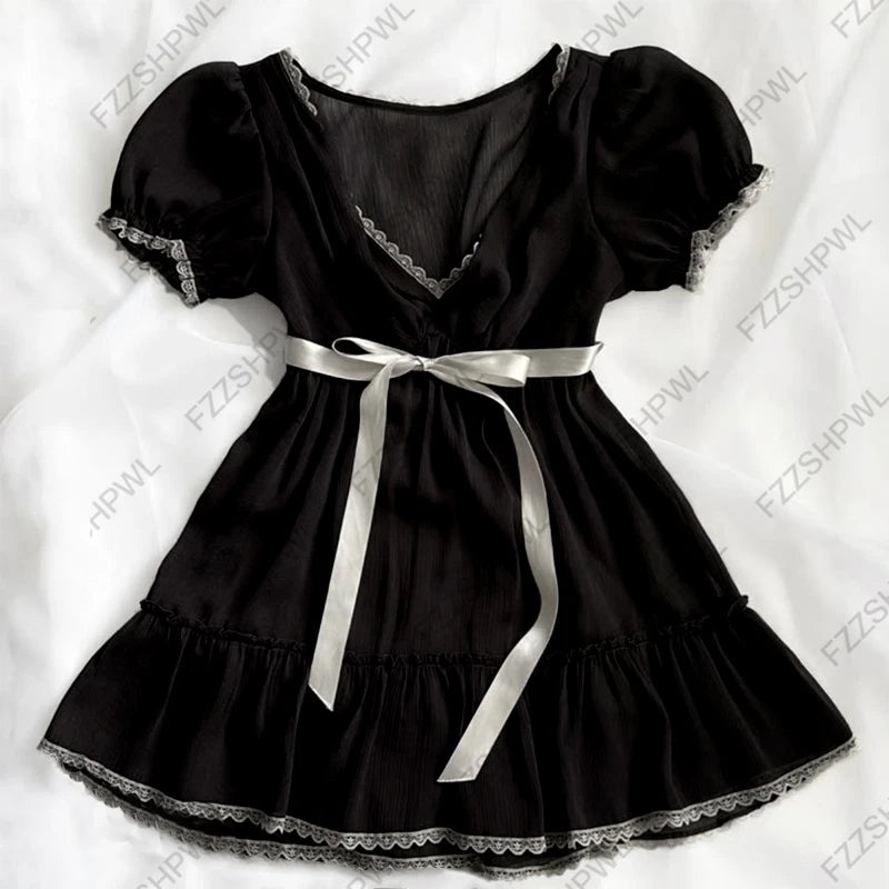 Streetwear Lace Unique Y2K Dress Bowknot Harajuku Frock Fashion Goth A-line skirt Vintage Punk Casual Skirt Hip Hop Braces skirt Hei