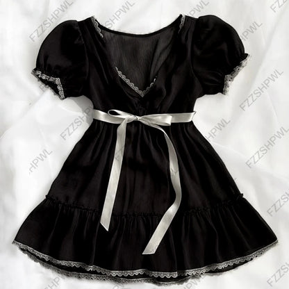 Streetwear Lace Unique Y2K Dress Bowknot Harajuku Frock Fashion Goth A-line skirt Vintage Punk Casual Skirt Hip Hop Braces skirt Hei