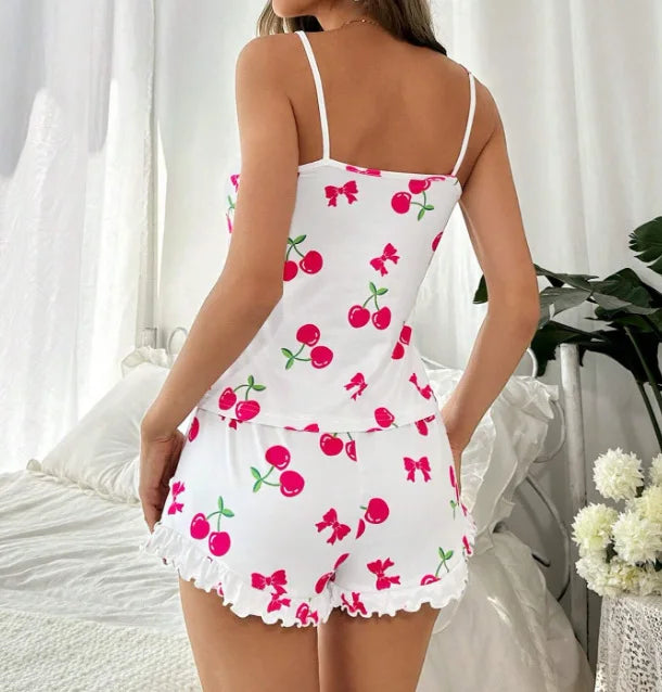 Summer New Women's Pajama Set Breathable Soft Casual Print Cami Top and Ruffle Shorts Sweet Home Strap Shorts Pajamas ﻿
