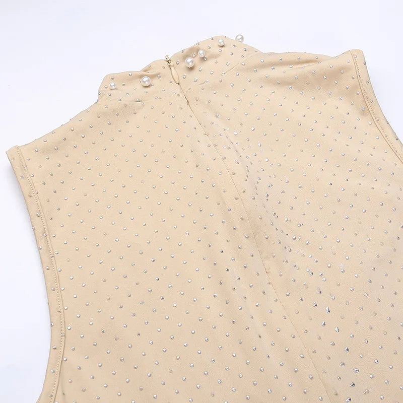 Sexy O-neck Sleeveless Jumpsuit Women Summer Beaded Mesh Rompers Skinny Elegent One Piece Apricot Fashion Hot Combinaison Femme