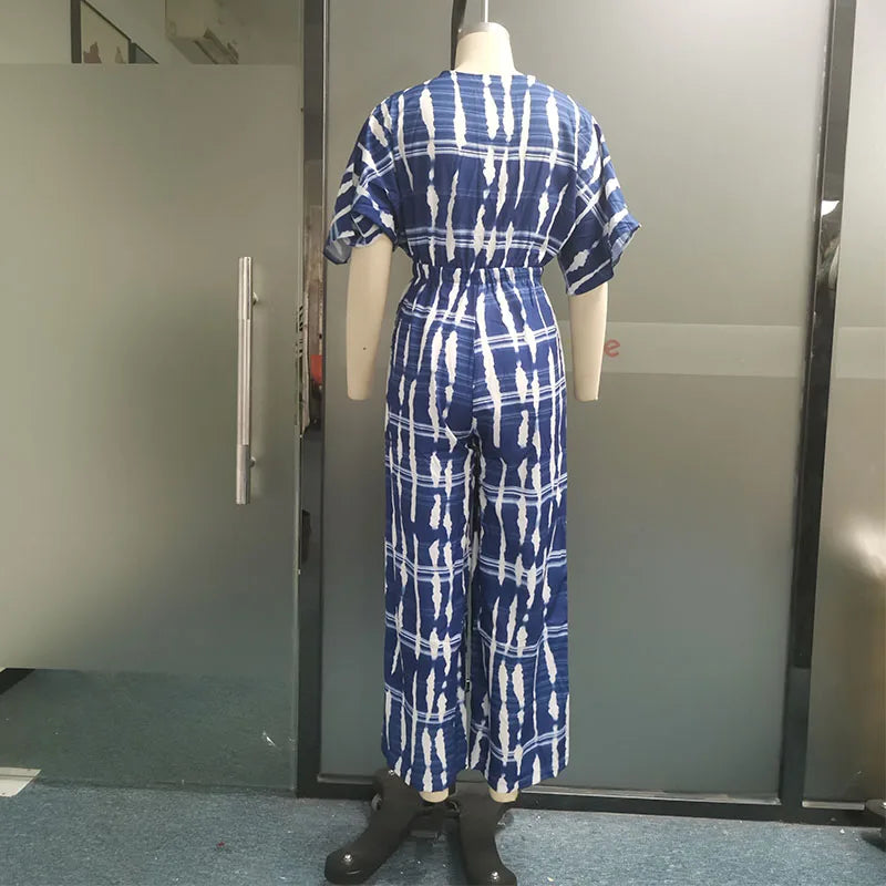 Wefads Women Jumpsuit Dolman Sleeves V Neck Lace Up Nipped Waist Printing Loose Wide Legs Casual Pants Romper High Streetwear Badiee Stylez