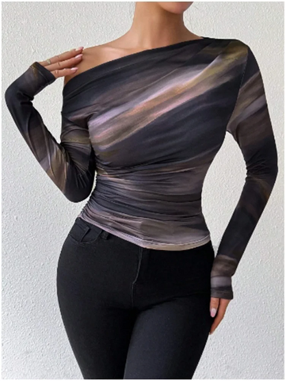Y2K Slim Fit Long Sleeved Diagonal Collar Printed T-shirt Women's Fashionable Street Sexy Versatile Autumn Top