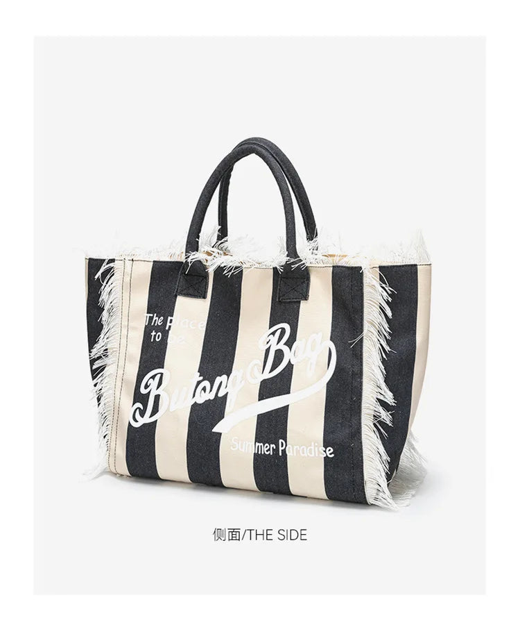 European and American Letters Tassel Canvas Bag Arge Capacity Handbags Travel Women Beach Tote Bag Fashion Casual Shopping Bags