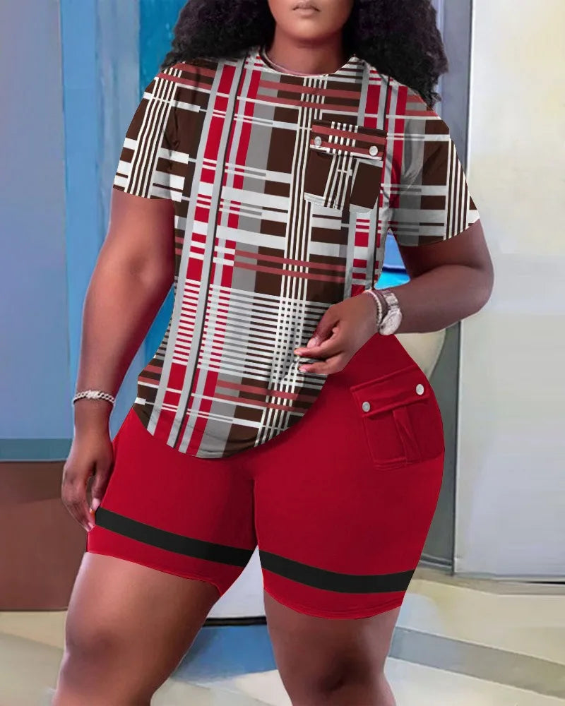 Women Two Piece Shorts Sets Solid Round Neck T Shirts Pockets Elastic Waist Short Trousers Suits Leisure Ladies 2025 Summer B