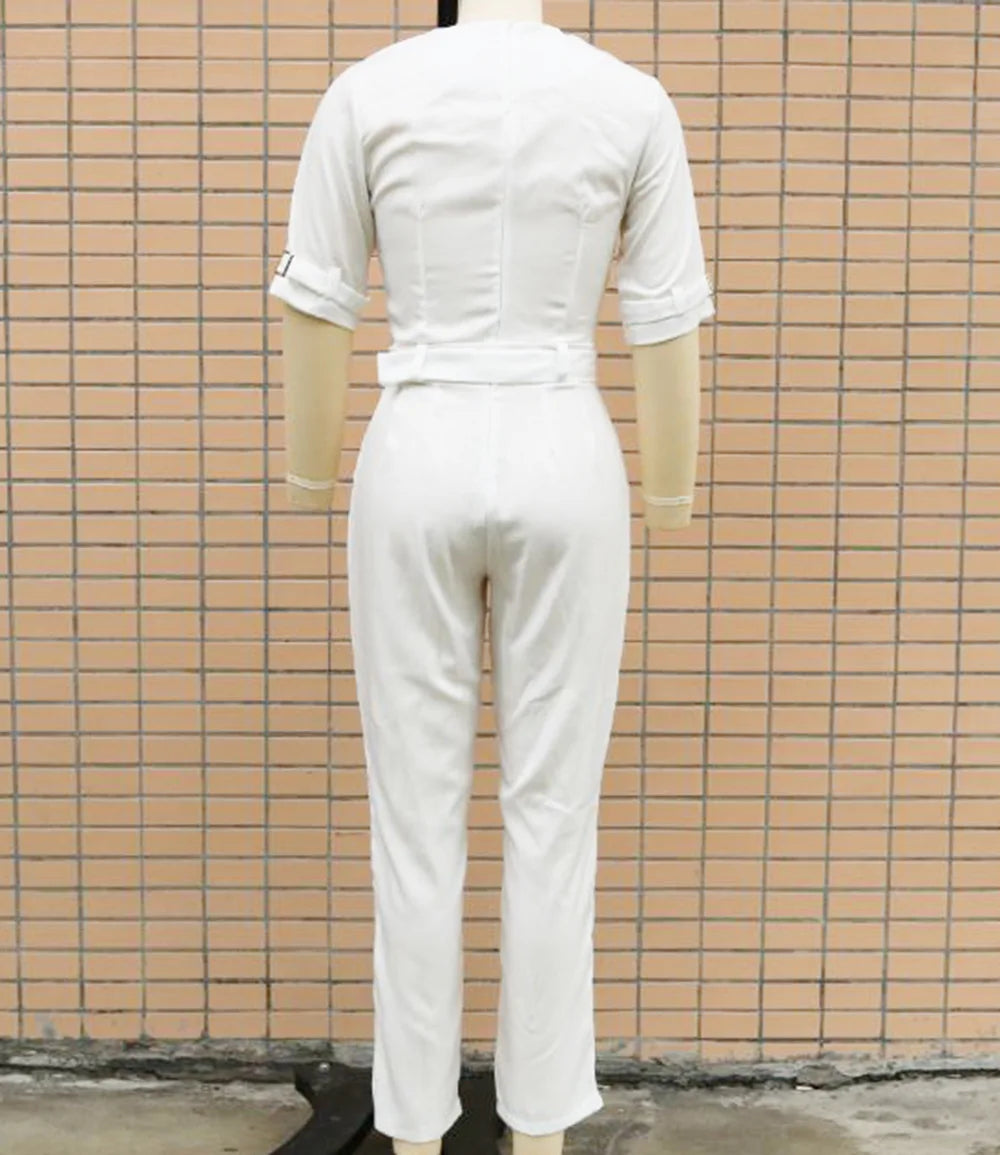 Women Suit Short Sleeve Jumpsuit Slim Fit Fashion Office Lady Spring Summer Elegant Solid Button Sexy High Waist Jumpsuits