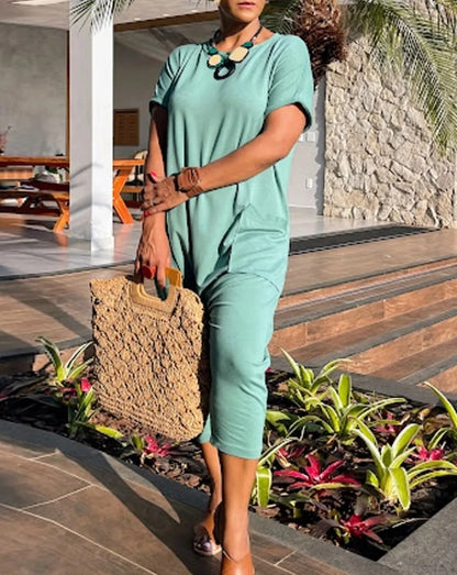 Round neck short sleeved pocket design jumpsuit for women, fashionable and casual casual loose cropped pants for women Badiee Stylez