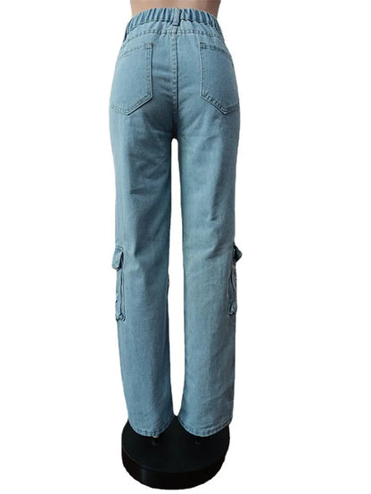 Trend Hollow Out Broken Holes Jeans Women Fashion Leg Patchwork Pocket Denim Pants Female High Waist Trousers Casual Streetwear